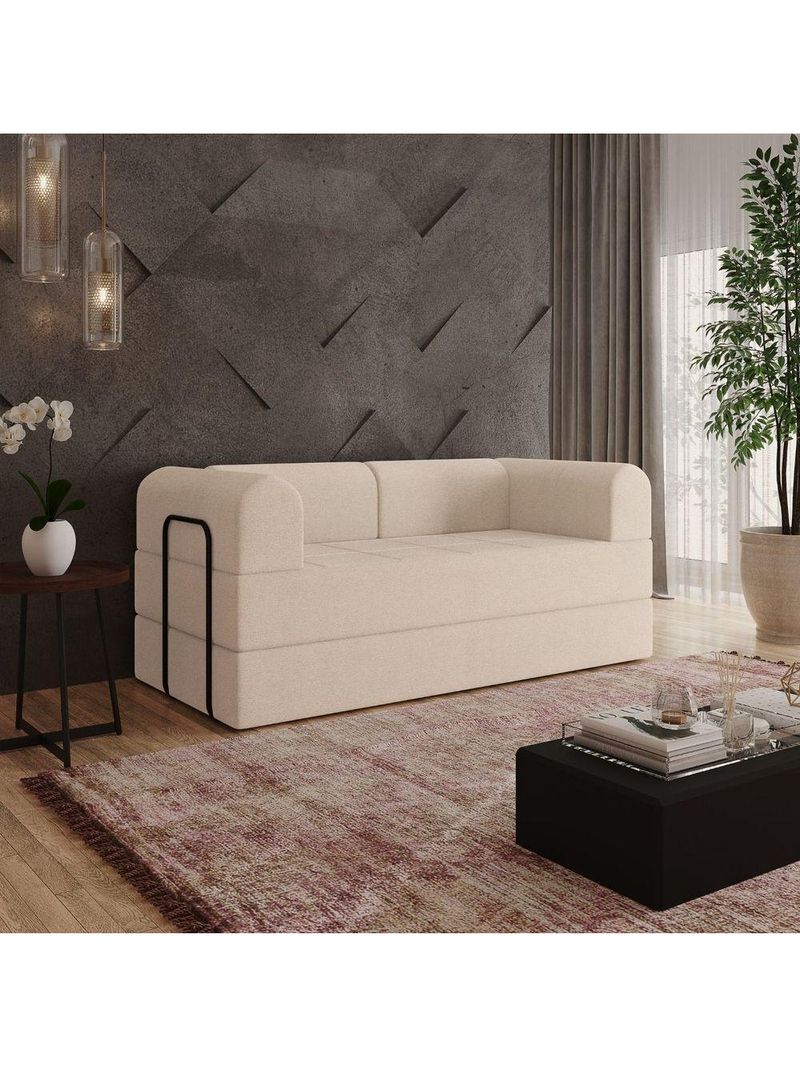 Sofá Na Caixa Modular 2 Lugares Linho Bege Maya Para Sala Bege