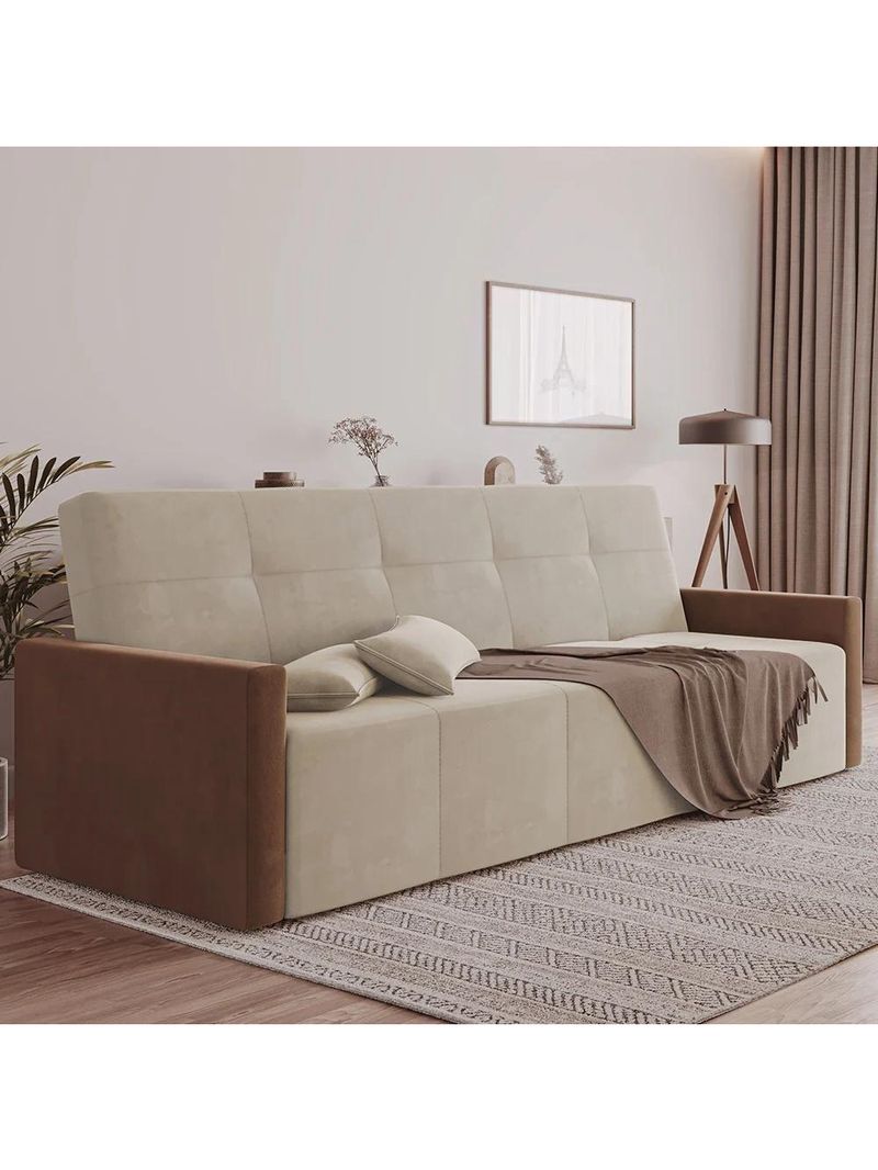Sofá Cama 4 Lugares Paris Retrátil E Reclinável 2,10m Veludo Areia/marrom