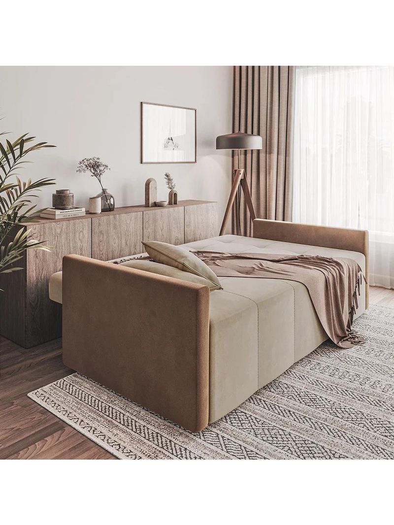 Sofá Cama 4 Lugares Paris Retrátil E Reclinável 2,10m Veludo Areia/marrom