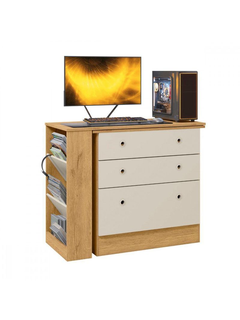 Cômoda Com Mesa Gamer Giratória Freijo Com Off White Qmovi