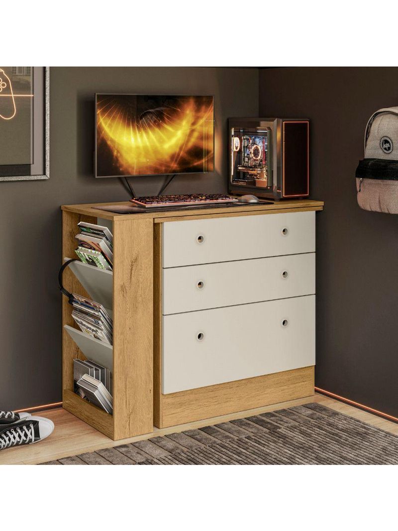 Cômoda Com Mesa Gamer Giratória Freijo Com Off White Qmovi