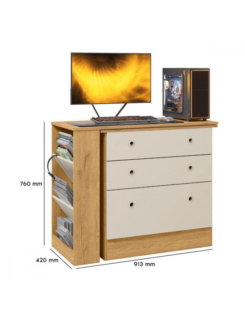 Cômoda Com Mesa Gamer Giratória Freijo Com Off White Qmovi