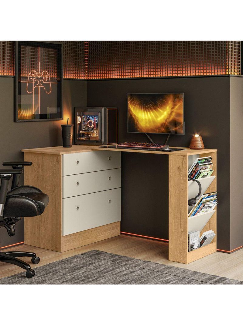 Cômoda Com Mesa Gamer Giratória Freijo Com Off White Qmovi