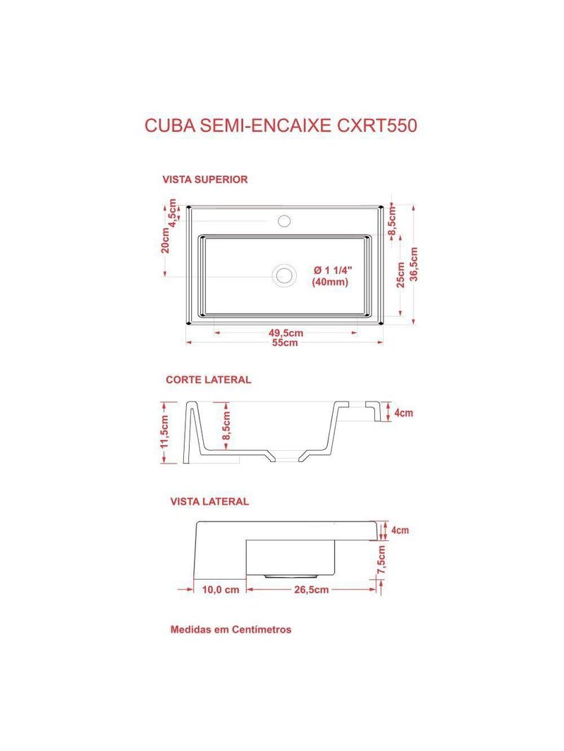 Cuba Semi Encaixe Retangular Xrt55w Colorida Preto