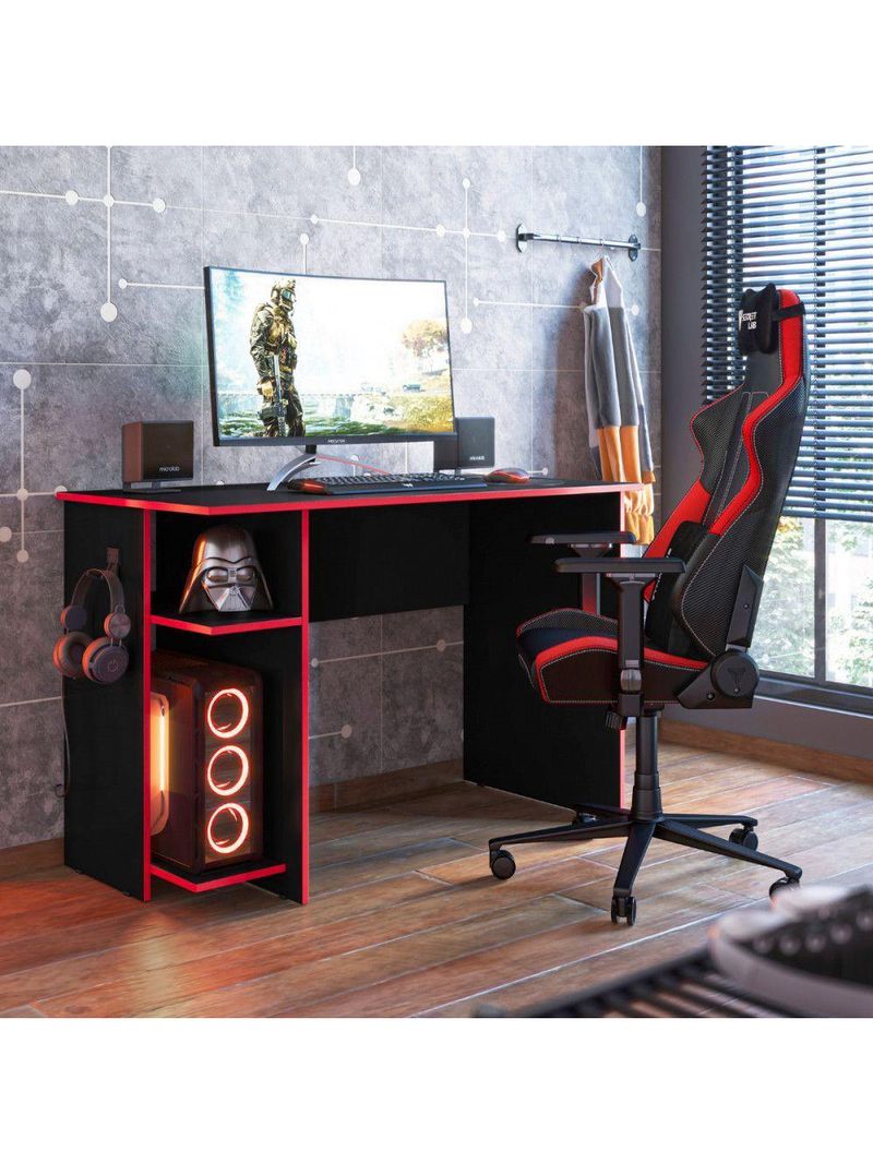Escrivaninha Para Escritório Ou Gamer Preto E Vermelho Qmovi
