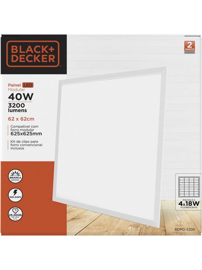 Painel led modular embutir 62x62cm 40w 6500k black+decker