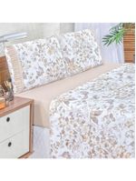 Jogo cama lençol fiore king estampado 180 fios 100% algodão com babadinho 4 peças bege floral
