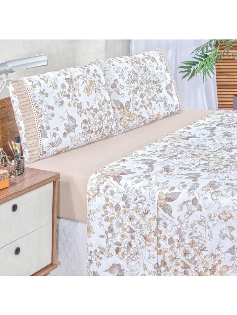 Jogo cama lençol fiore king estampado 180 fios 100% algodão com babadinho 4 peças bege floral
