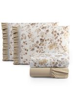 Jogo cama lençol fiore king estampado 180 fios 100% algodão com babadinho 4 peças bege floral
