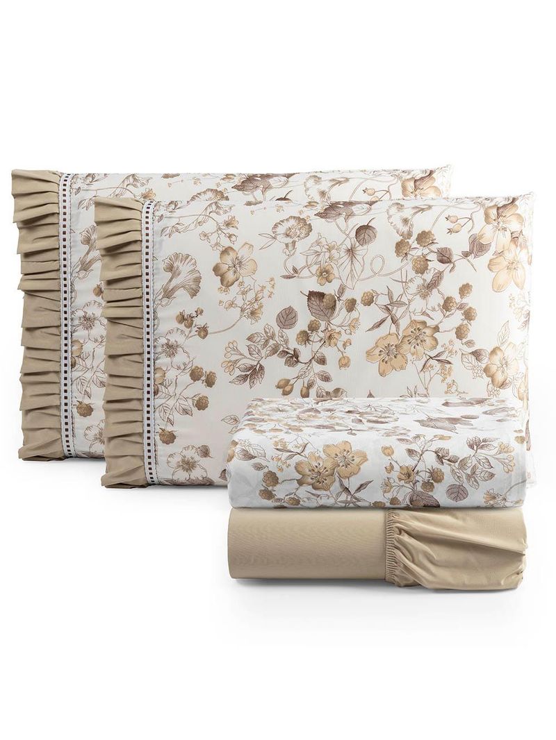 Jogo cama lençol fiore king estampado 180 fios 100% algodão com babadinho 4 peças bege floral