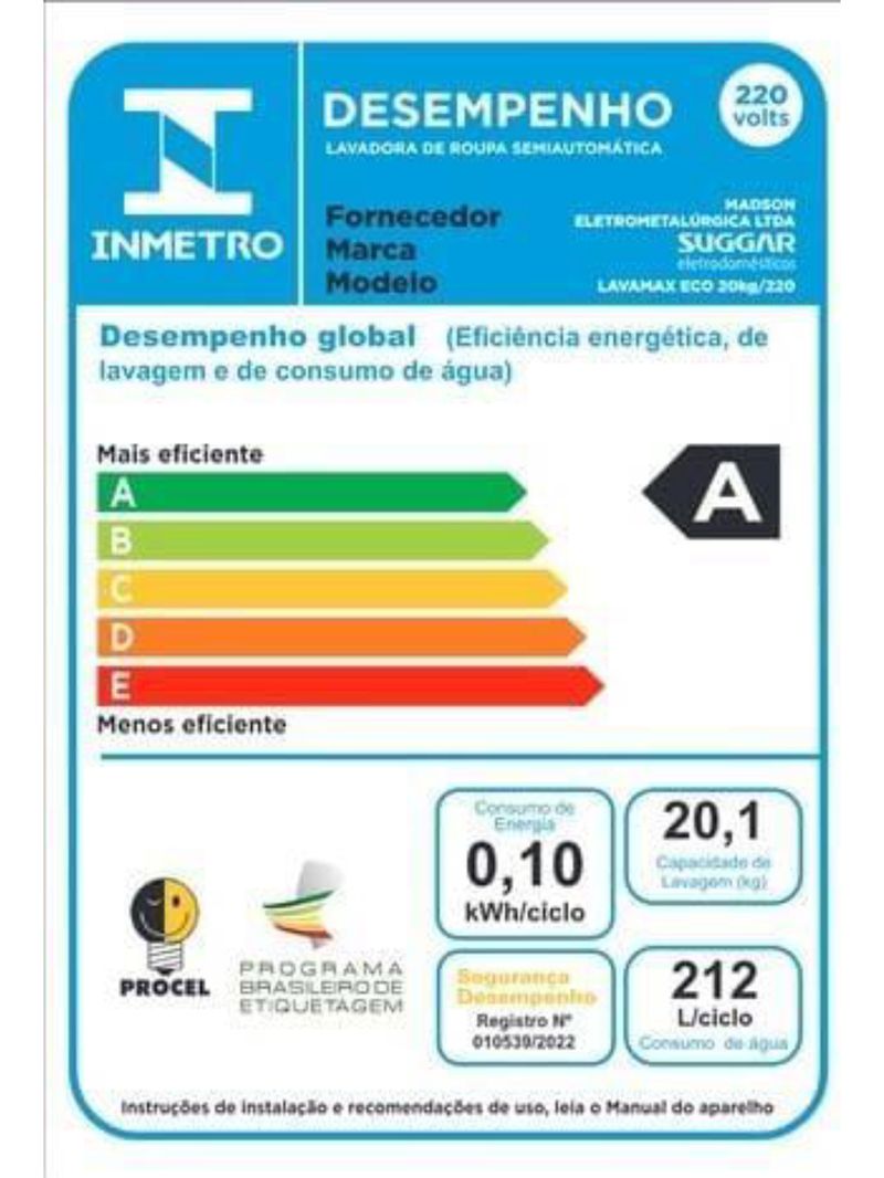 Lavadora suggar lavamax eco 20kg 6 programas de lavagem 580w branca