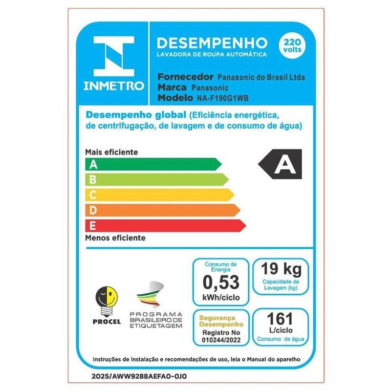 Lavadora NAF190G1W Ciclo Aroma Soft Closing 19kg Panasonic Branco 110V
