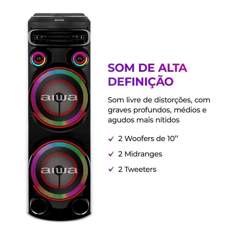 Torre de som aiwa t2w-02 2300w woofers 10" bluetooth rgb bivolt