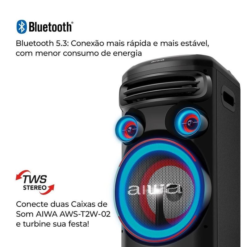 Torre de som aiwa t2w-02 2300w woofers 10" bluetooth rgb bivolt