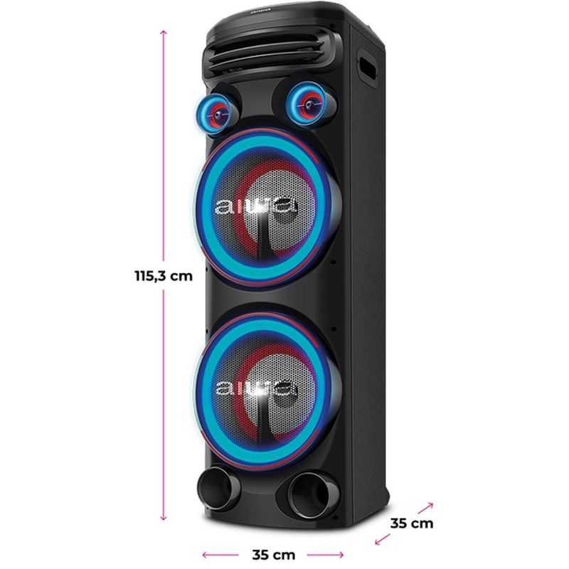 Torre de som aiwa t2w-02 2300w woofers 10" bluetooth rgb bivolt