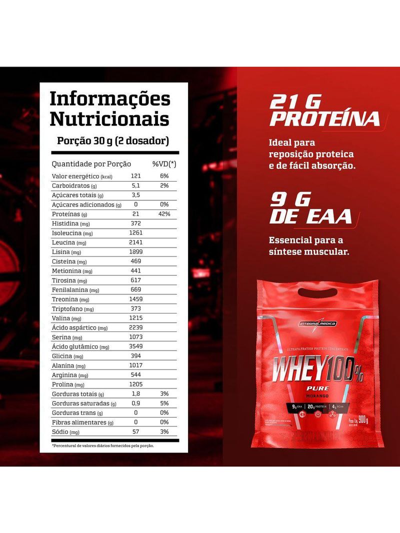 Proteína Concentrada Integralmedica Whey 100% Pure 900g Morango