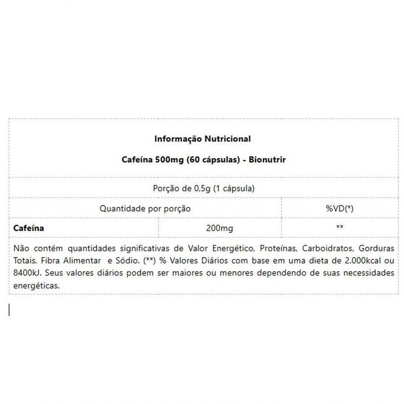 Alimentar Bionutrir Cafeína 500MG em Cápsulas para Estímulo Cerebral e Disposição 60