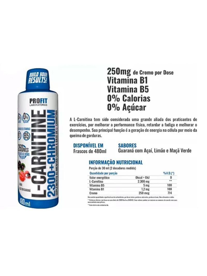 L-carnitina 2300 Com Picolinato De Cromo 480ml Açaí Com Guaraná Profit