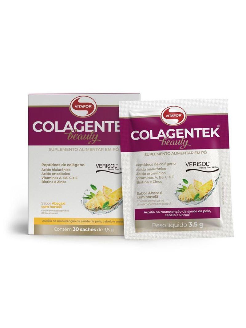 Colagentek Vitafor Beauty 30 Sachês Colágeno Para Pele E Unhas Sabor Abacaxi Com Hortelã
