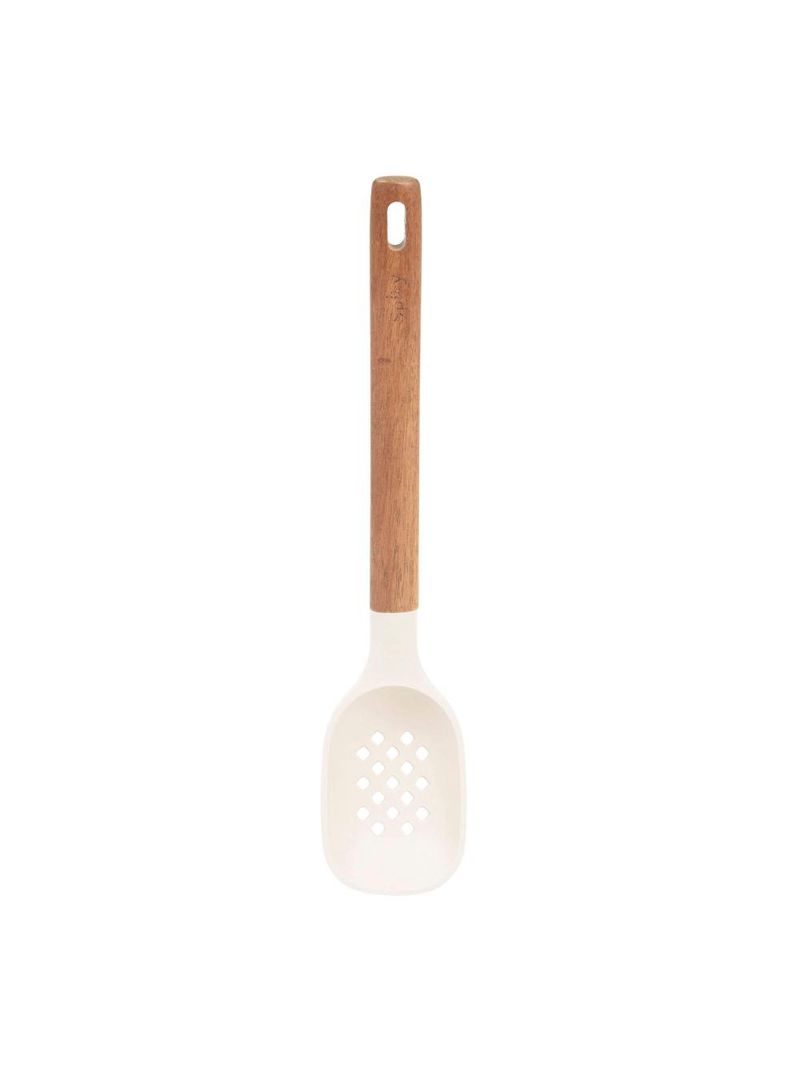 Colher de serviço de silicone com cabo em acácia spicy bege