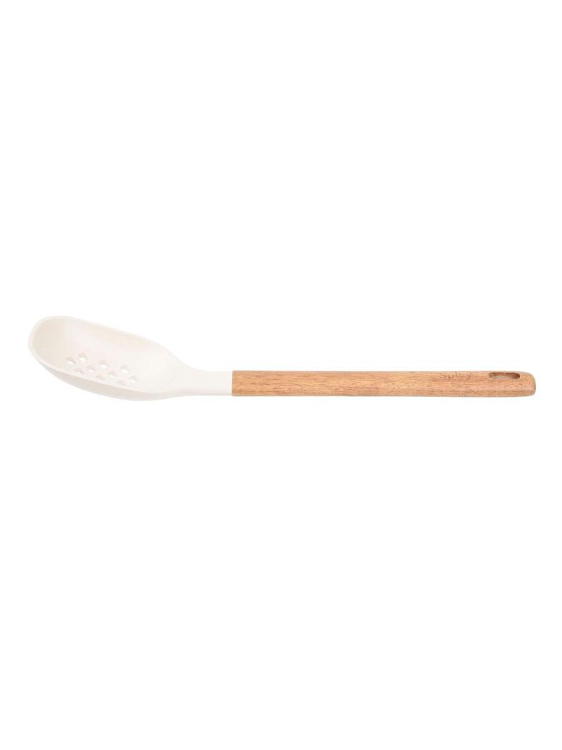 Colher de serviço de silicone com cabo em acácia spicy bege