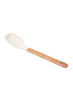 Colher de serviço de silicone com cabo em acácia spicy bege