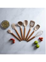 Colher de serviço de silicone com cabo em acácia spicy bege