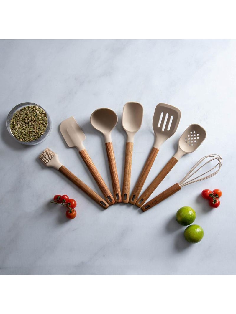 Colher de serviço de silicone com cabo em acácia spicy bege