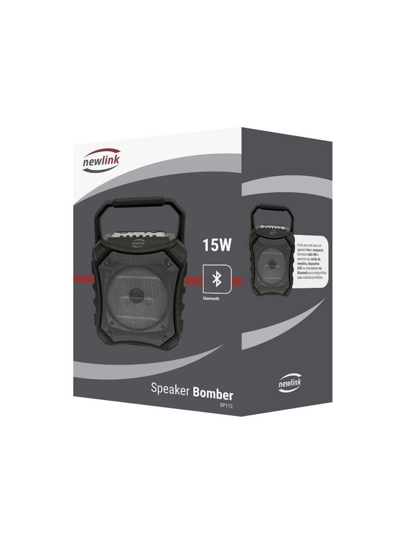Caixa de som bluetooth 15w newlink bomber sp112 - led, fm e entrada para cartao micro sd cinza