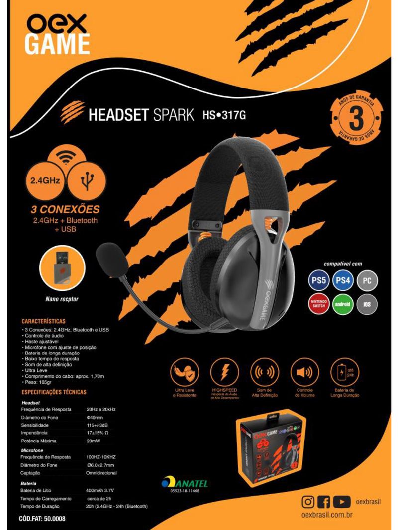 Headset gamer spark virtual bluetooth hs317 oex