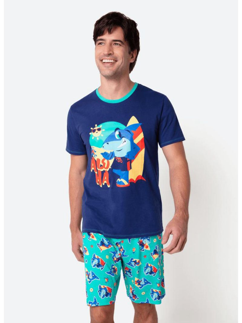 Pijama manga curta algodão masculino tubarão aloha