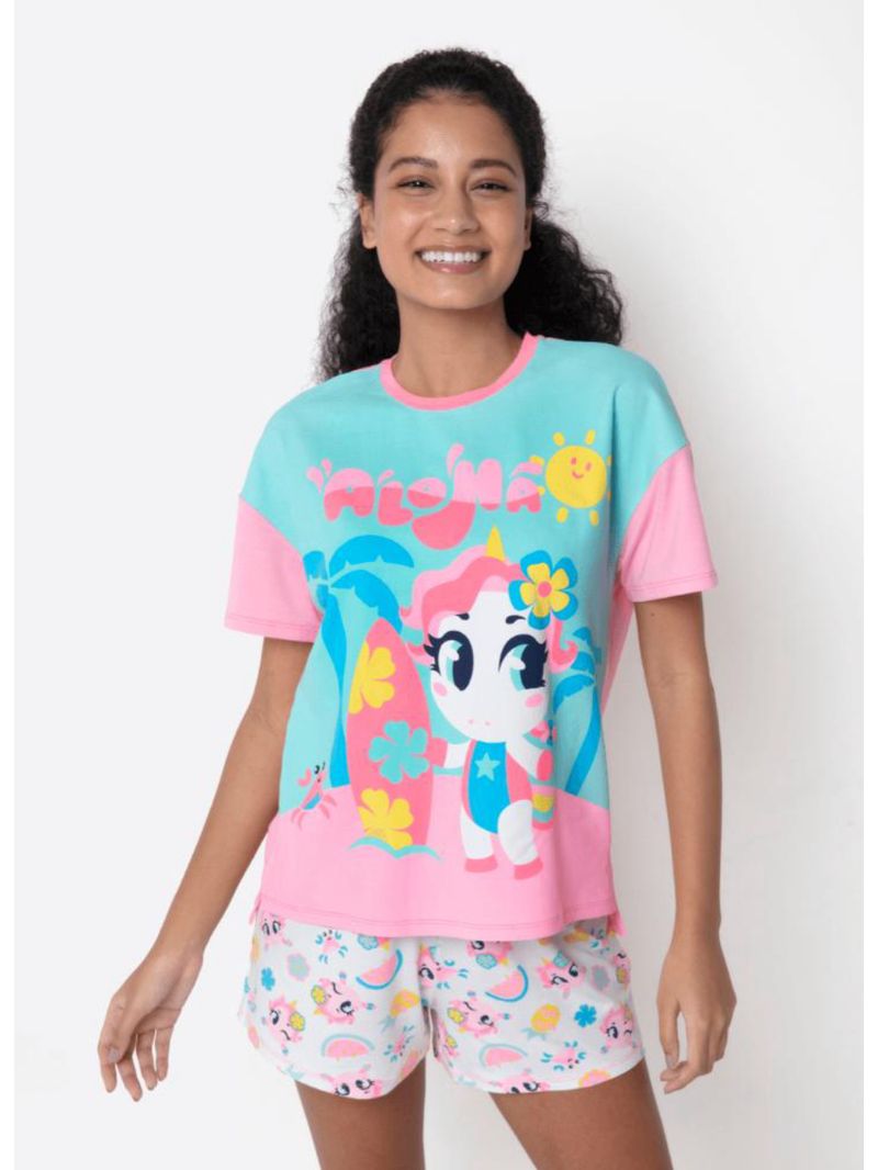 Pijama manga curta viscolycra feminino unicórnio aloha
