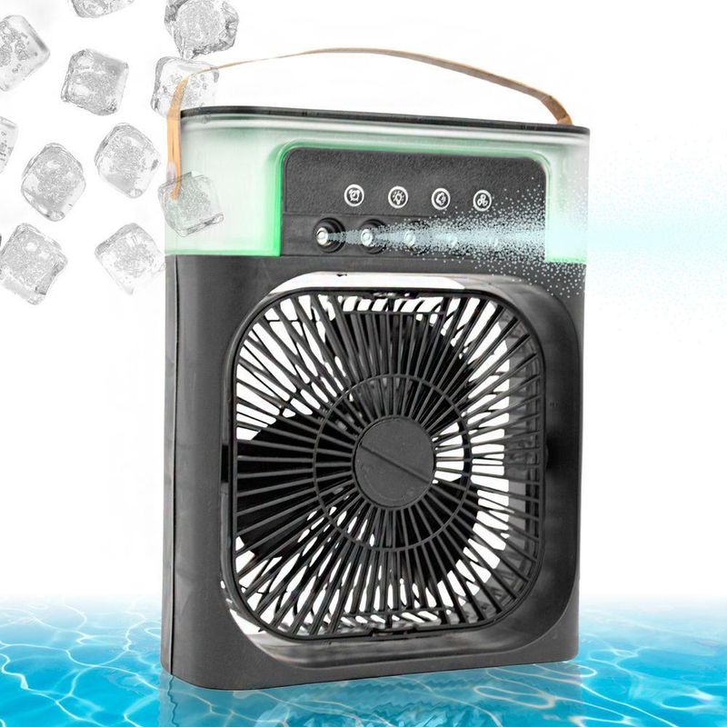 Mini Ventilador Climatizador 3 Em 1c/Umidificador E Luz Led Usb, Portátil, Silencioso De Mesa Preto