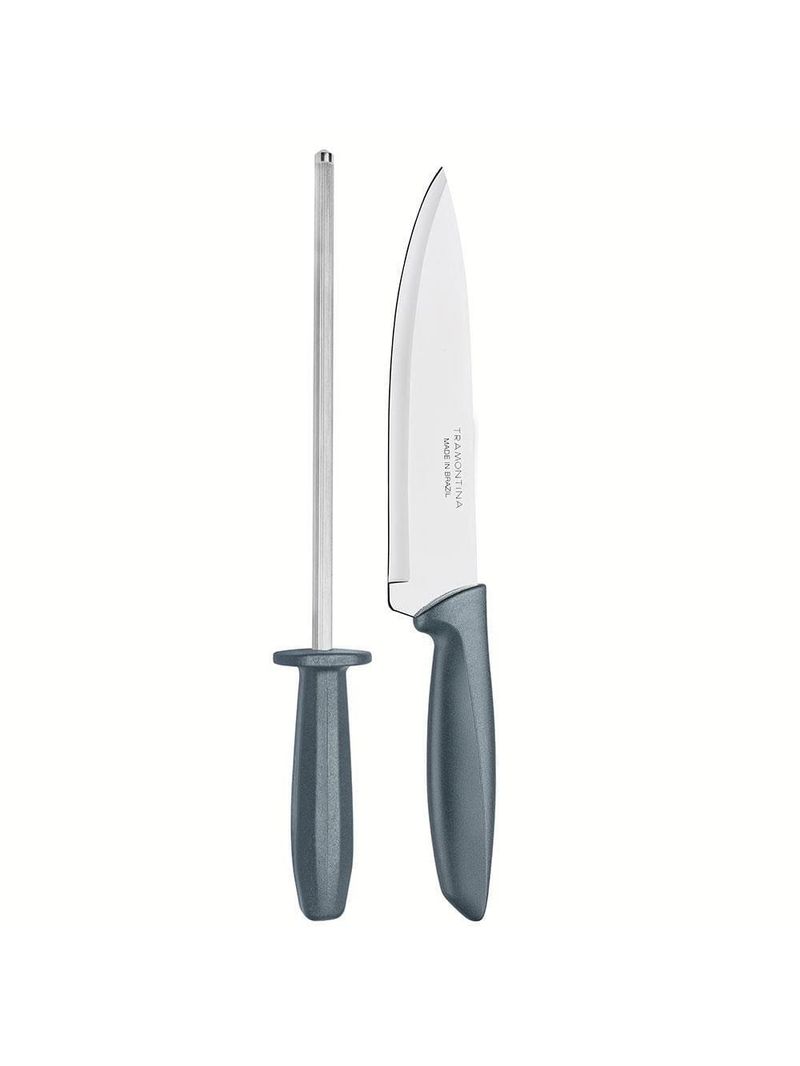 Conjunto faca chef e chaira tramontina plenus cinza - 2 peças