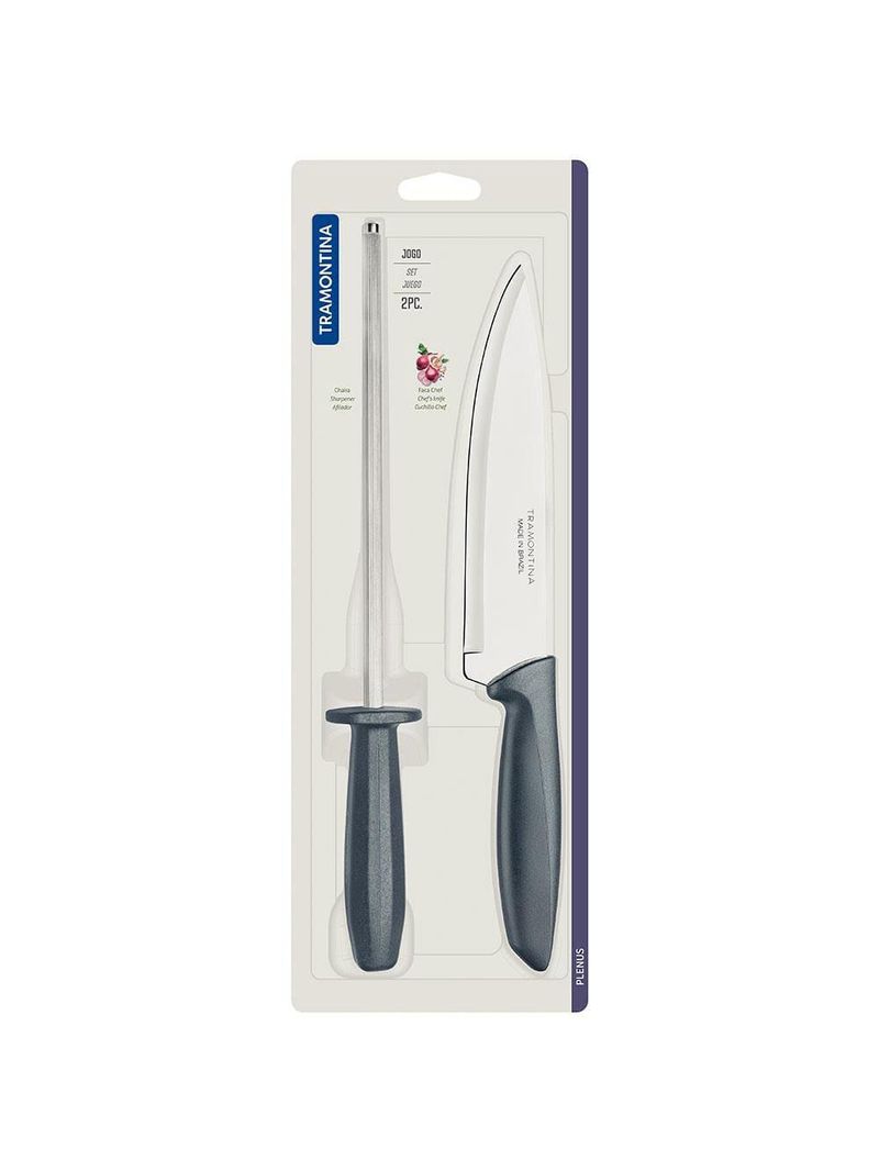 Conjunto faca chef e chaira tramontina plenus cinza - 2 peças