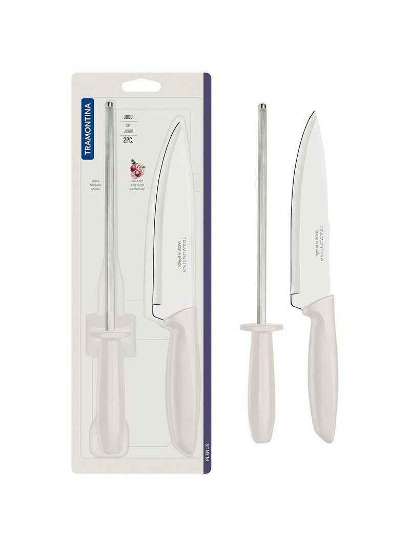 Conjunto faca chef e chaira tramontina plenus off-white - 2 peças