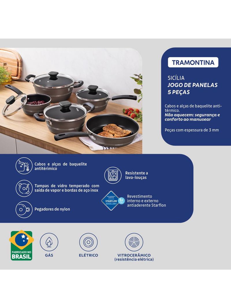 Jogo de panelas tramontina sicilia 5 peças revestimento antiaderente starflon excellent avelã