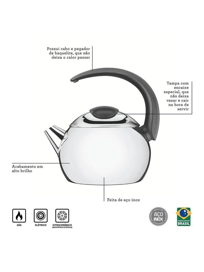 Chaleira Tramontina Em Aço Inox Cabo Preto 18 Cm 2,2 L 61482183