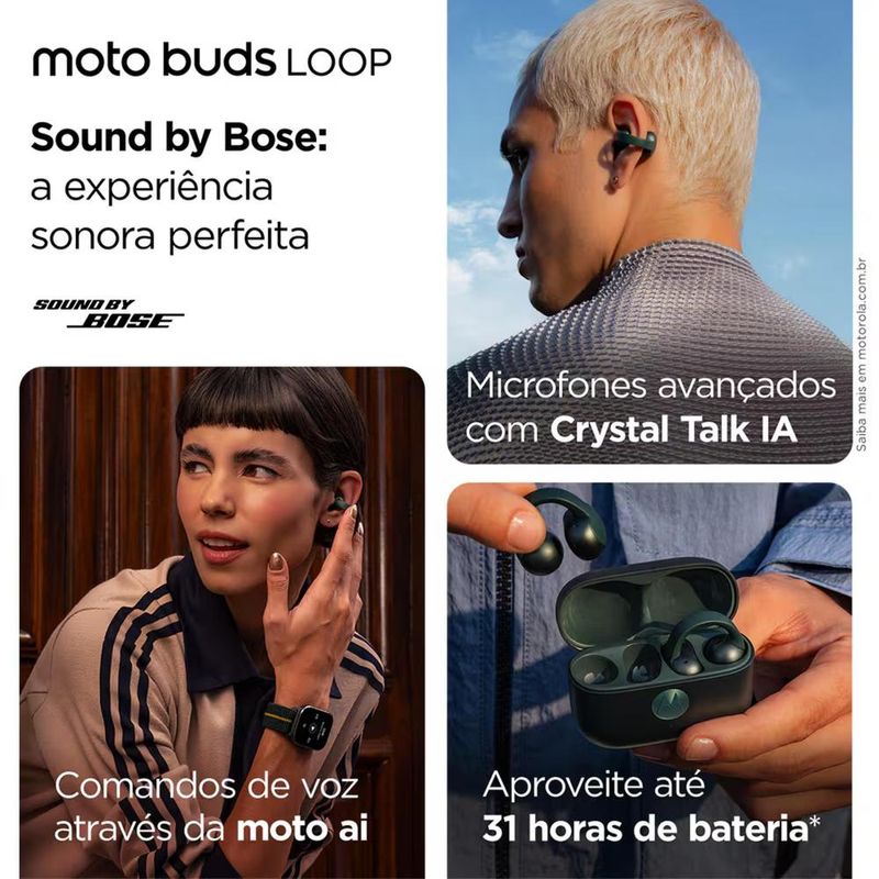 Fone de ouvido moto buds loop ows bluetooth, sound by bose ip54 bateria até 39h verde