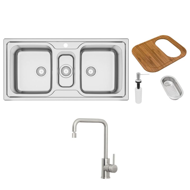 Cuba de Sobrepor Inox Acetinado 100x50cm Marea 25C 34 com Acessórios e Misturador Tramontina 93831133