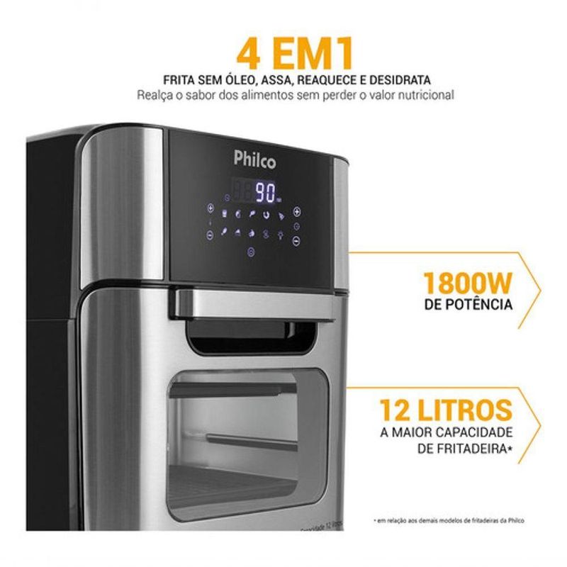 Fritadeira Air Fryer Oven Philco PFR2250V 12L 1800W Digital com Funções Desidratar e Reaquecer Preto