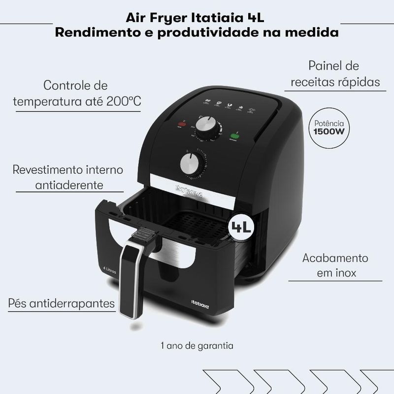 Fritadeira Air Fryer Itatiaia AFITA1001 4L 1500W com Timer Preto 110V