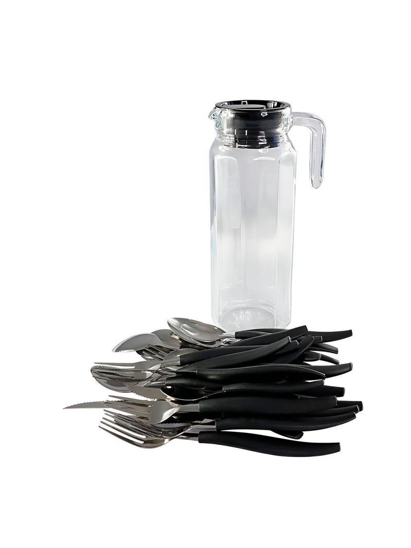 Conjunto Jarra Talheres 25 Peças Kit De Talheres Com Aço Inox Preto