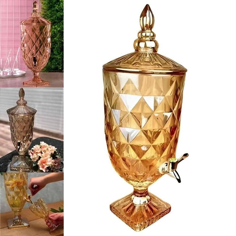 Suqueira Cristal 4,5 Litros Dourada Diamond Dispenser De Vidro