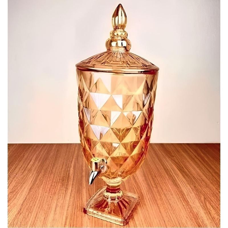 Suqueira Cristal 4,5 Litros Dourada Diamond Dispenser De Vidro