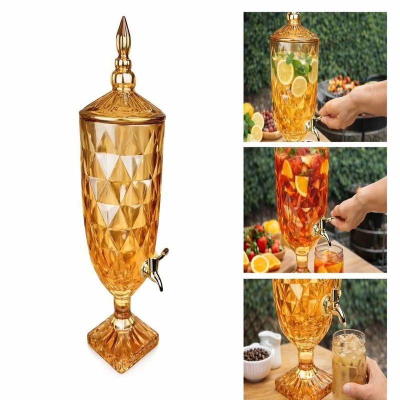 Suqueira Cristal 4,5 Litros Dourada Diamond Dispenser De Vidro