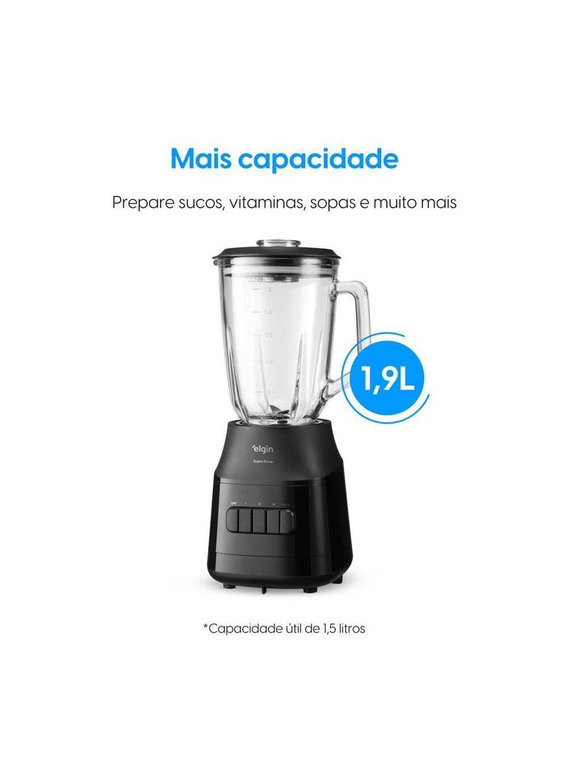 Liquidificador elgin super force preto 900w 3 velocidades jarra de vidro 1,9l função pulsar