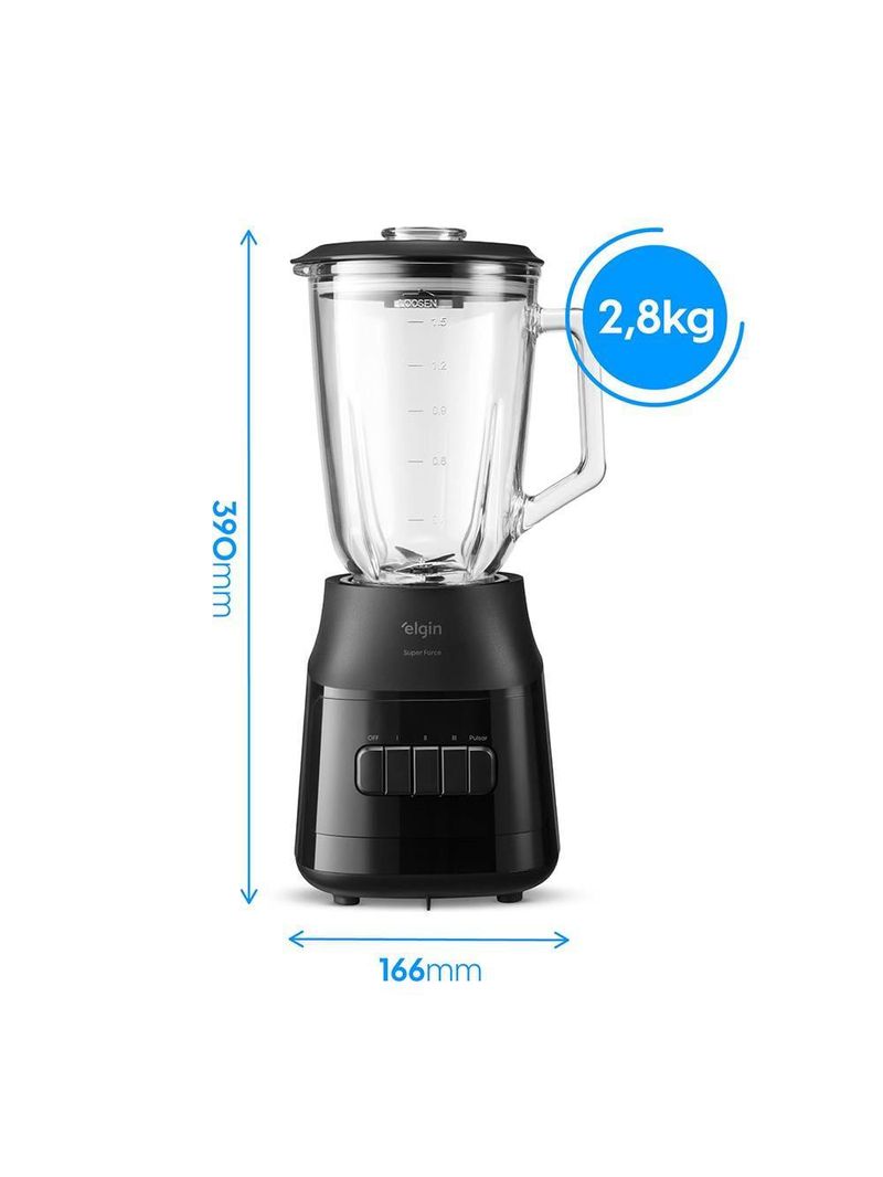 Liquidificador elgin super force preto 900w 3 velocidades jarra de vidro 1,9l função pulsar