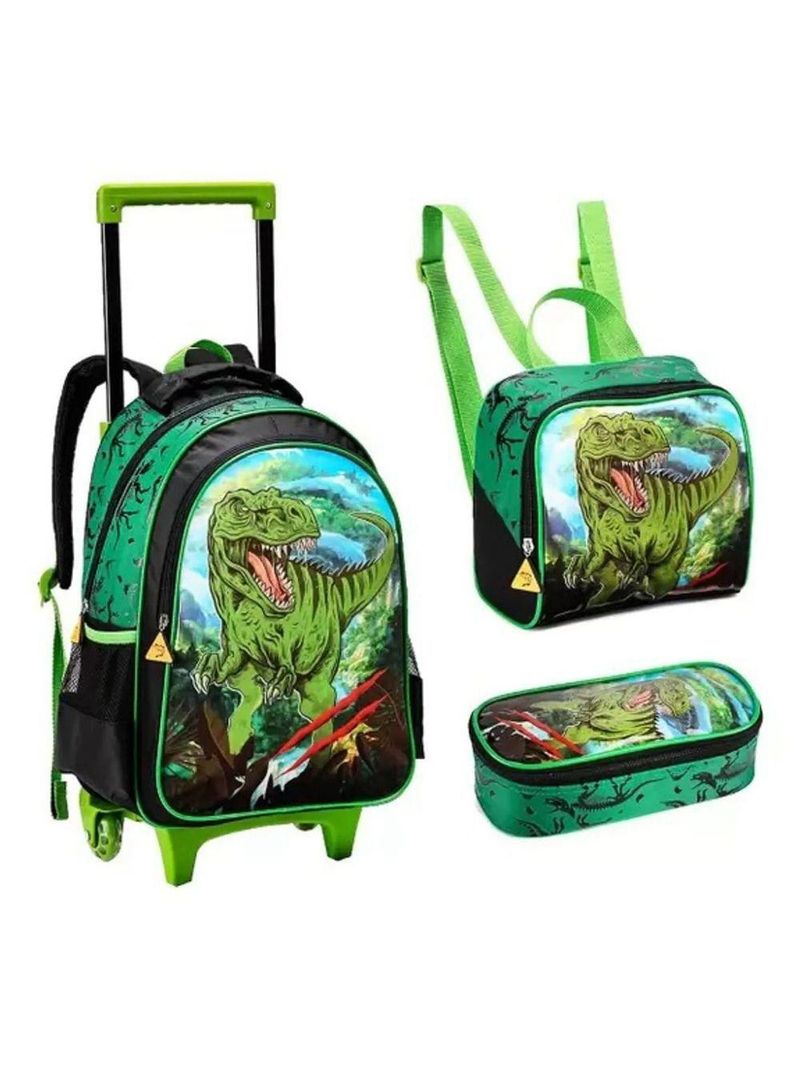 Kit Escolar Mochila Lancheira E Estojo Meninos Dinossauro Alça De Costas Reforçada - Trex - Denlex Verde Escuro
