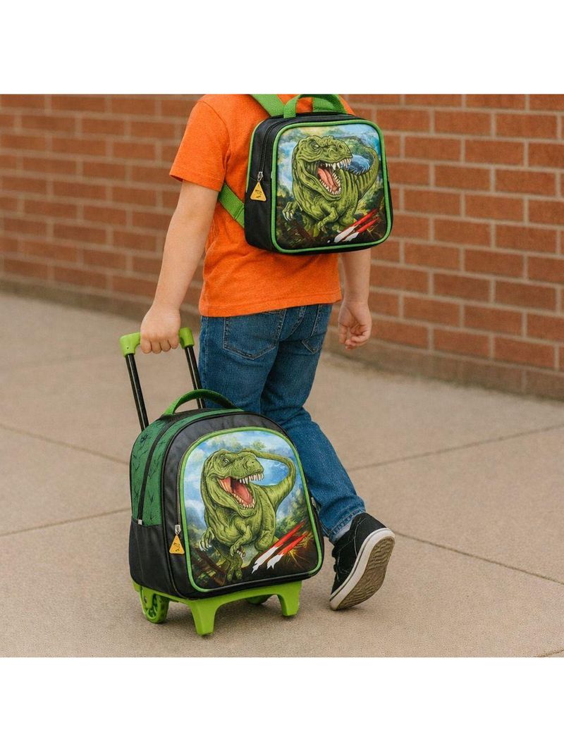 Kit Escolar Mochila Lancheira E Estojo Meninos Dinossauro Alça De Costas Reforçada - Trex - Denlex Verde Escuro